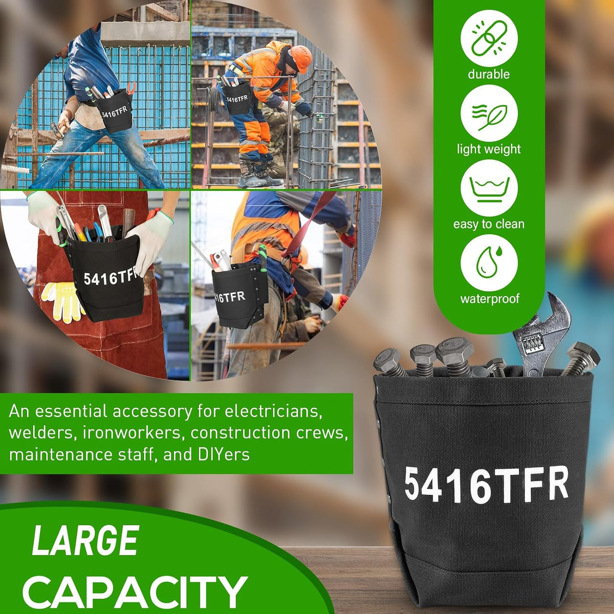 Una bolsa de herramientas negra etiquetada como 5416TFR utilizada por trabajadores de la construcción.