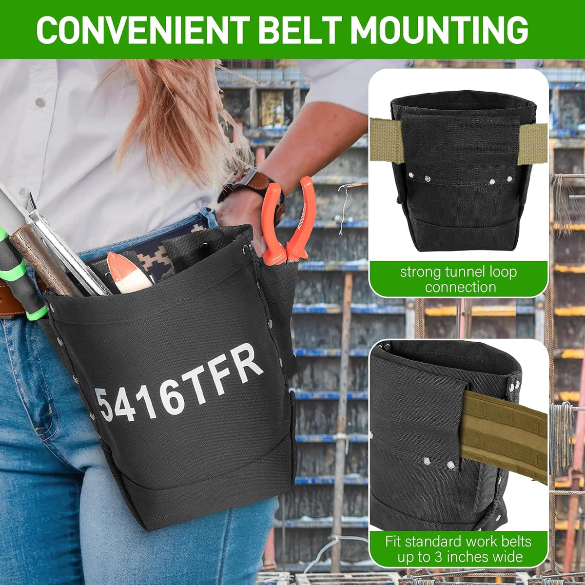 Sistema de montaje de cinturón negro para kit de herramientas con conexión de lazo de túnel fuerte.