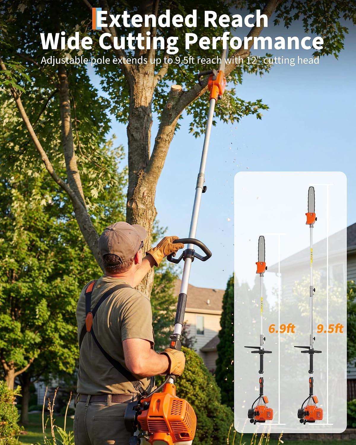 A man operating an extended reach pole saw for tree trimming in a yard.