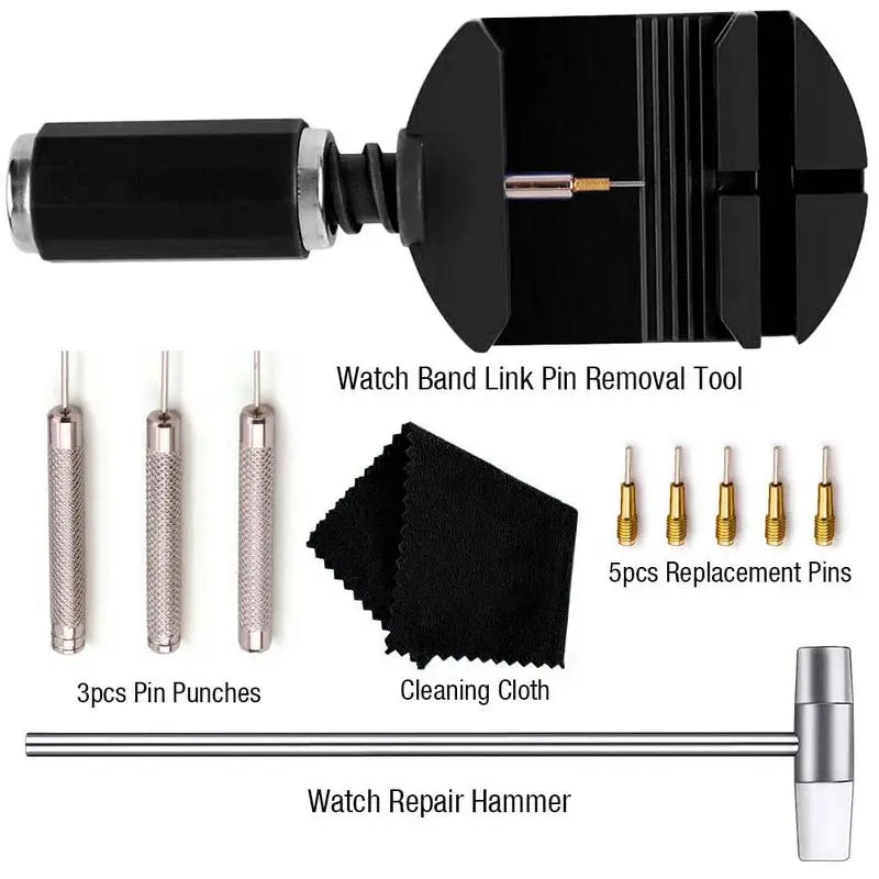 A set of tools for watch band link removal including a tool, pin punches, cleaning cloth, and a repair hammer.