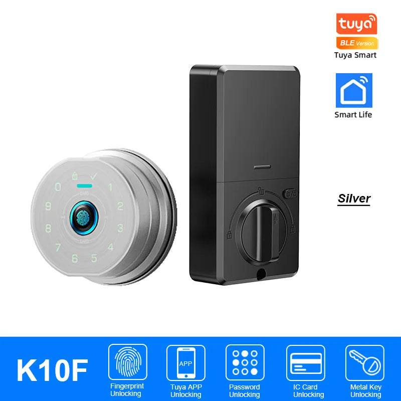 Silver Tuya Smart K10F fingerprint and card unlocking door lock device