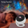 A white projector night light device is shown next to a diagram illustrating its timing functions for sleep and travel.