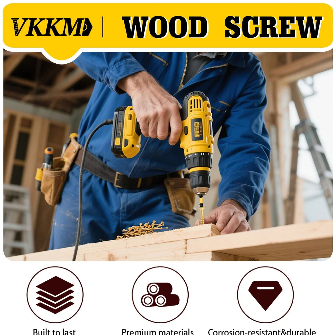 A person is using a yellow cordless drill to drive wood screws into a wooden plank for construction work.