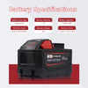 A black 18V lithium-ion power tool battery is shown with specifications listed above it.