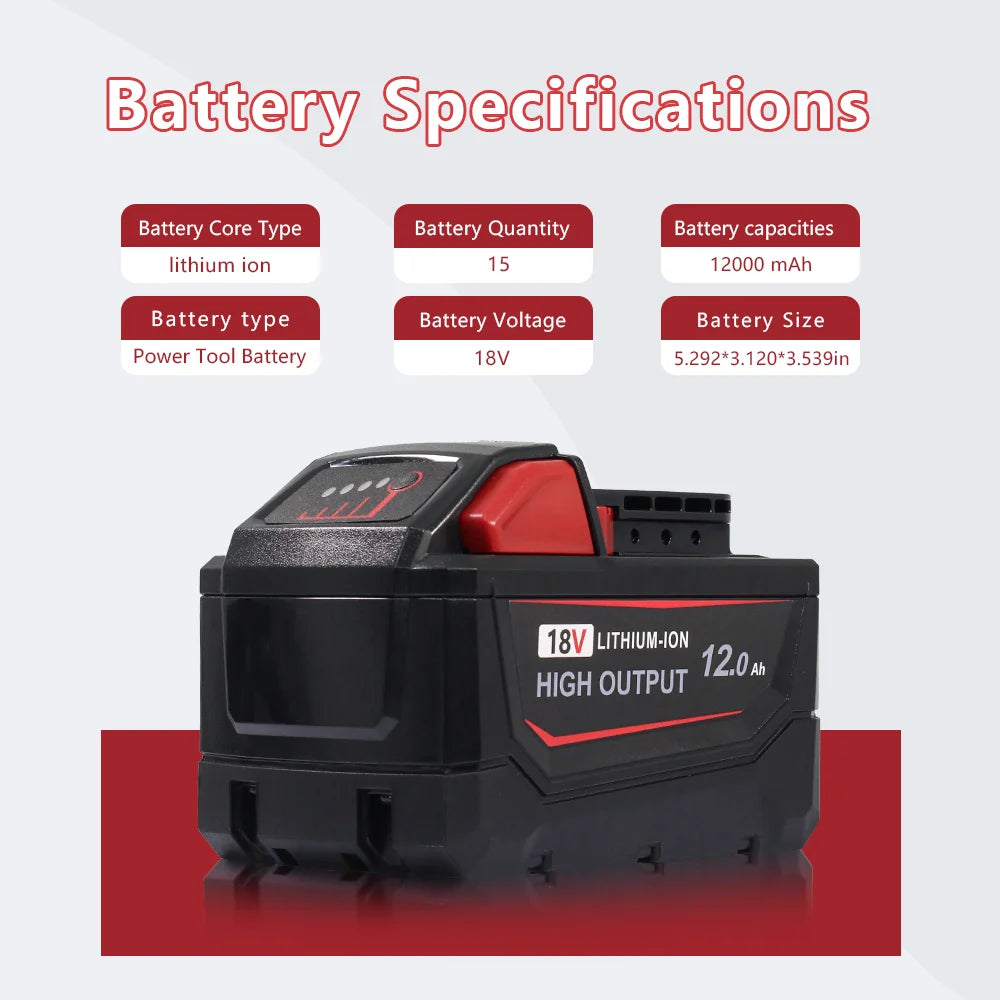 A black 18V lithium-ion power tool battery is shown with specifications listed above it.