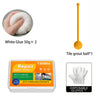 Set of white glue, tile grout ball, and disposable gloves for epoxy putty repair