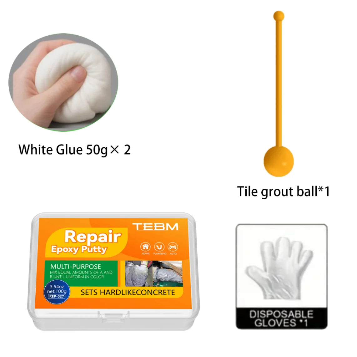 Set of white glue, tile grout ball, and disposable gloves for epoxy putty repair