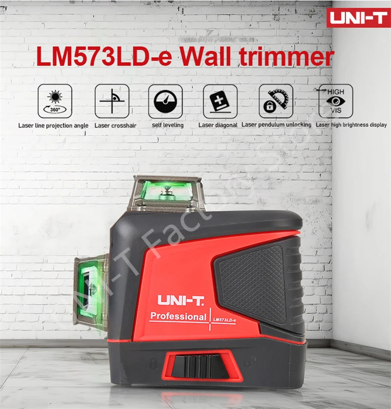 A UNI-T LM573LD-e wall trimmer laser level tool in black and red against a white brick wall.