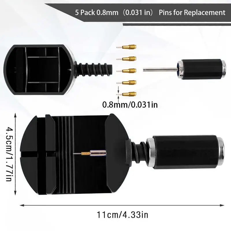 A black watch link removal tool kit featuring a main body and replacement pins for easy band adjustment.