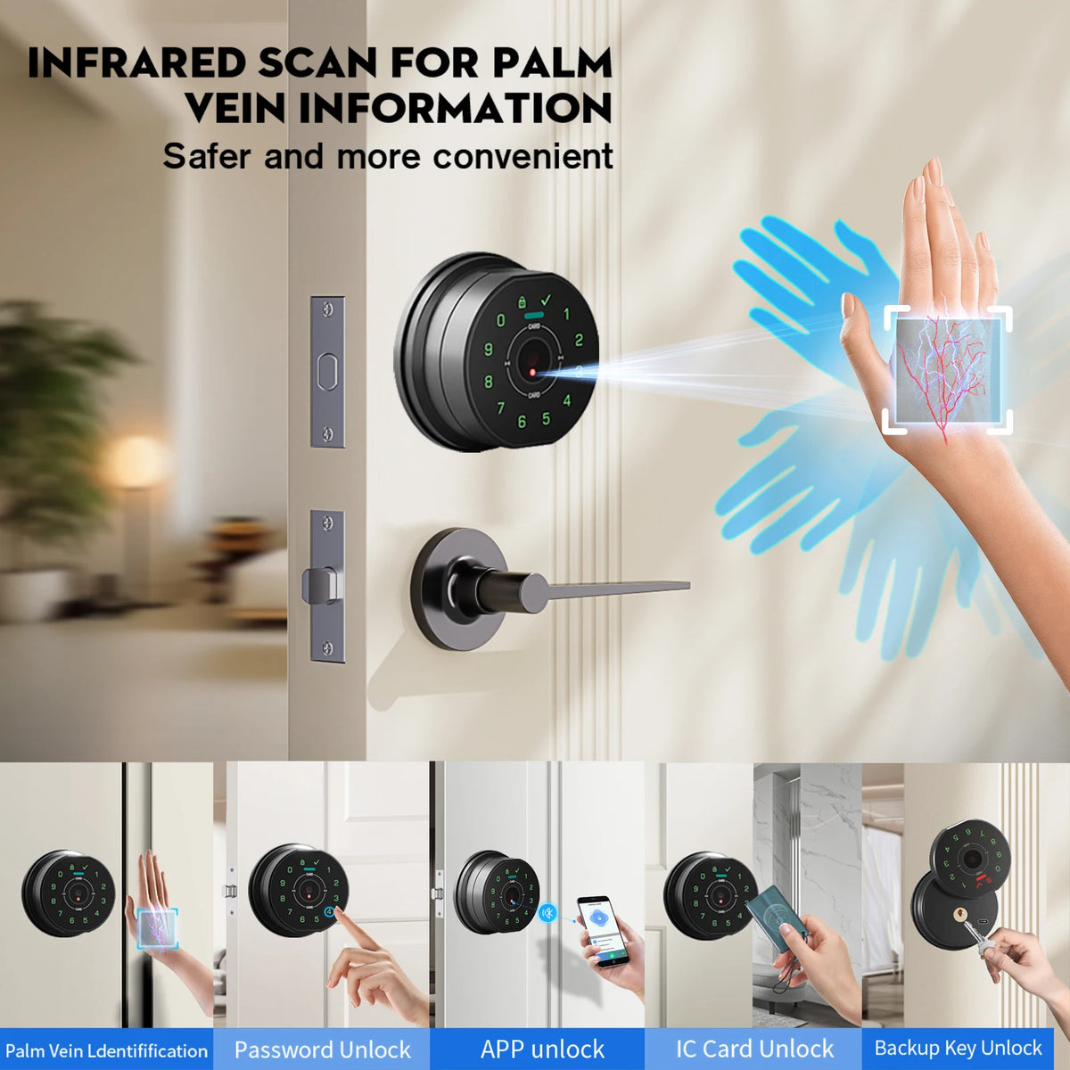 Infrared scan for palm vein information used to unlock a smart deadbolt door lock