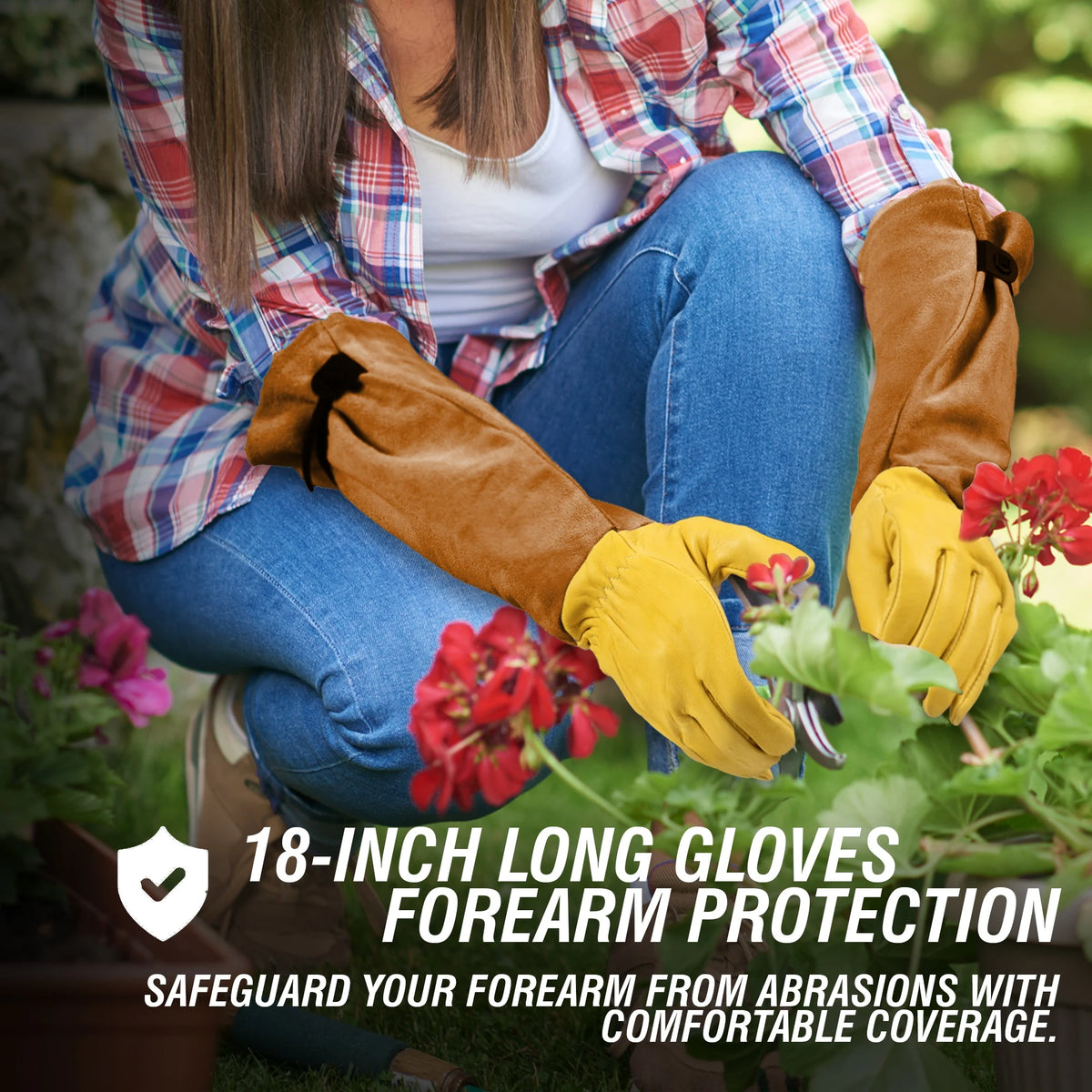 Une personne portant des gants de jardinage jaunes s'occupe des plantes, démontrant la protection du przedarme.
