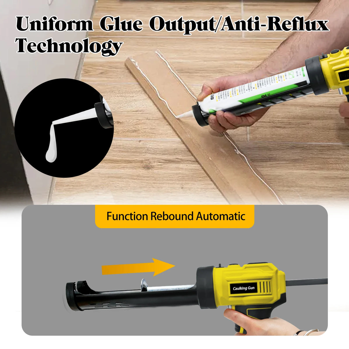 Una mano usa una pistola de sellador eléctrica amarilla para aplicar una línea de sellador en una superficie de madera.