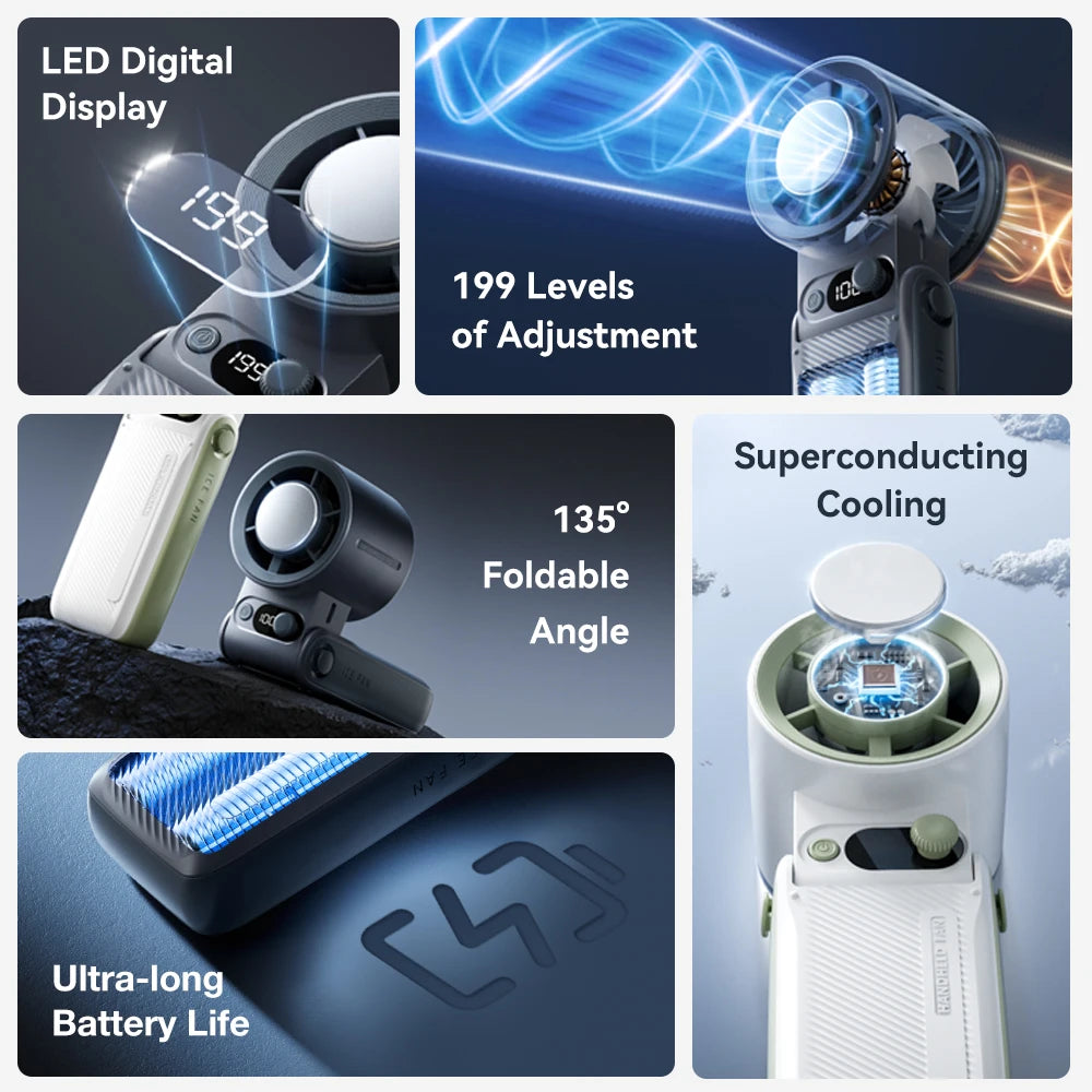 Portable handheld turbo fan featuring an LED digital display, foldable angle, and superconducting cooling.