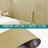 Roll of light wood grain self-adhesive wall stickers shown next to dimensions.