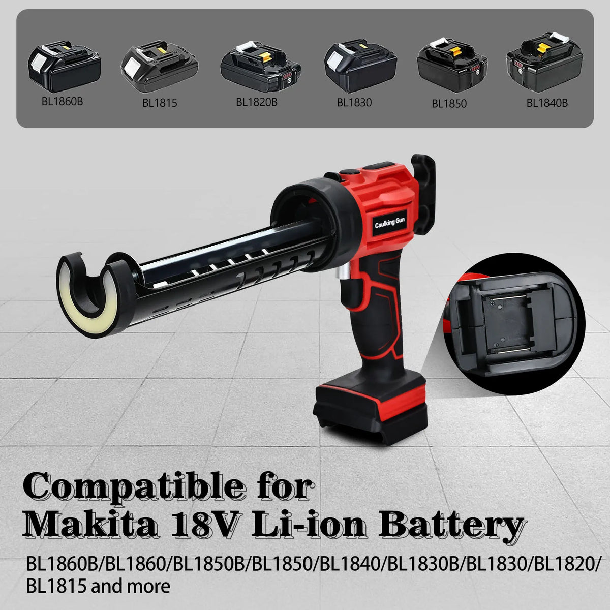 Pistola de calafatear compatible con batería Makita 18V Li-ion, con diversas opciones de modelo.