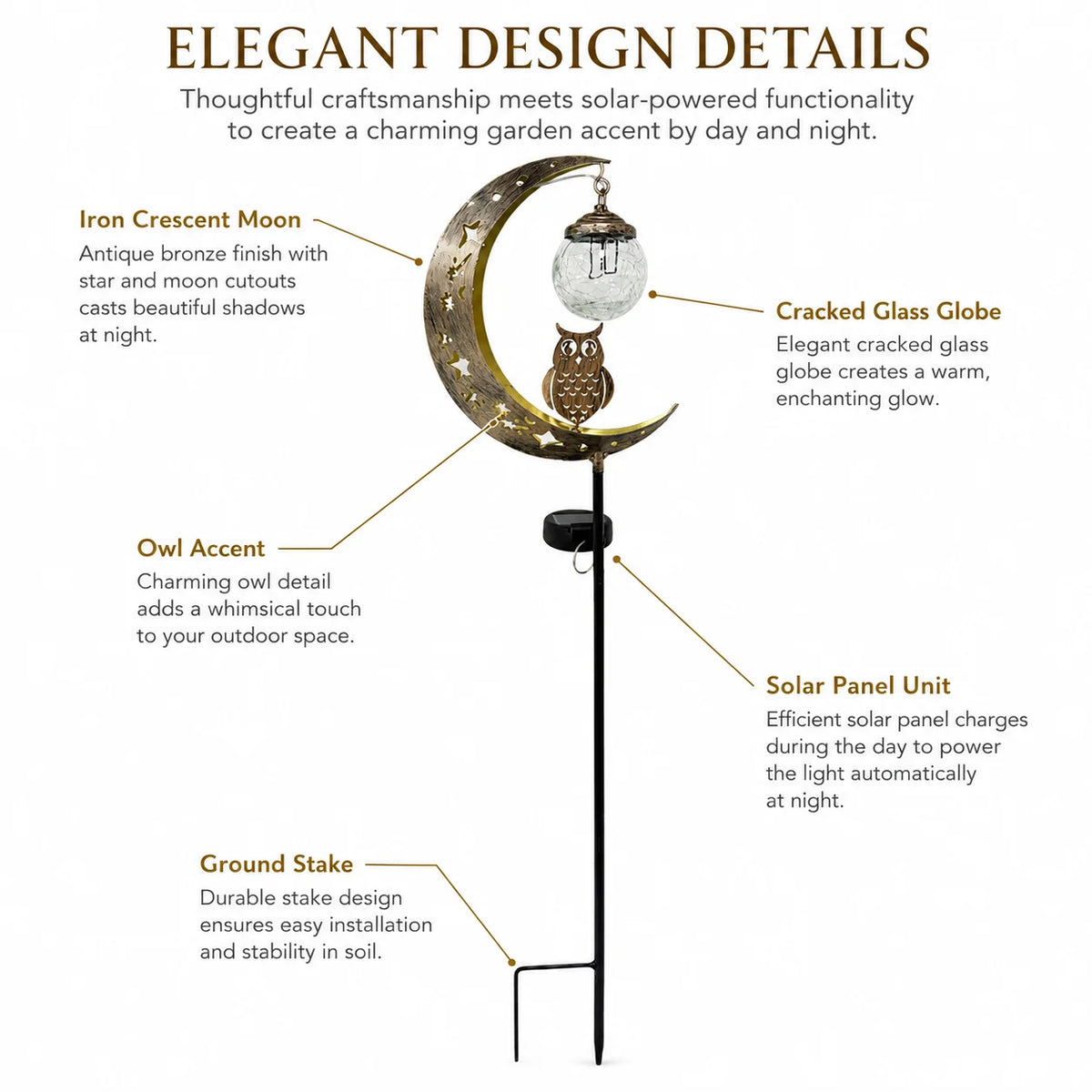 Elegant design details of a solar moon light with an owl accent for garden lighting.