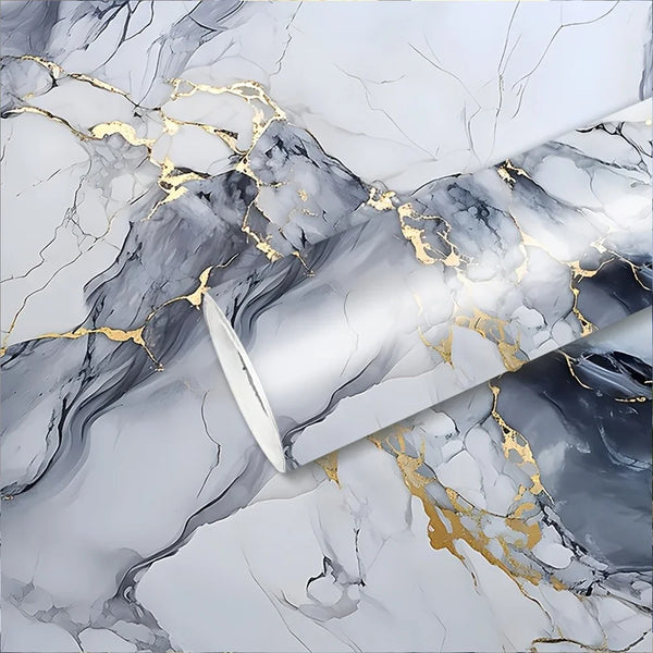 Marble pattern wall decals featuring gray and white veining with gold leaf accents.
