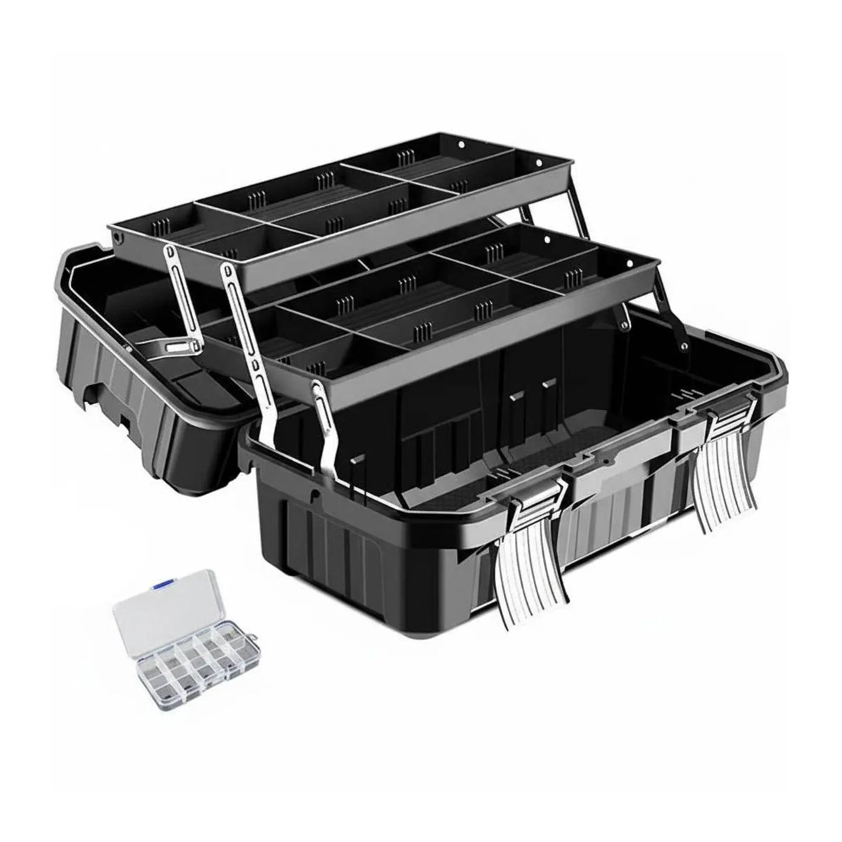Black heavy duty modular tool storage case with a hinged lid and removable inserts