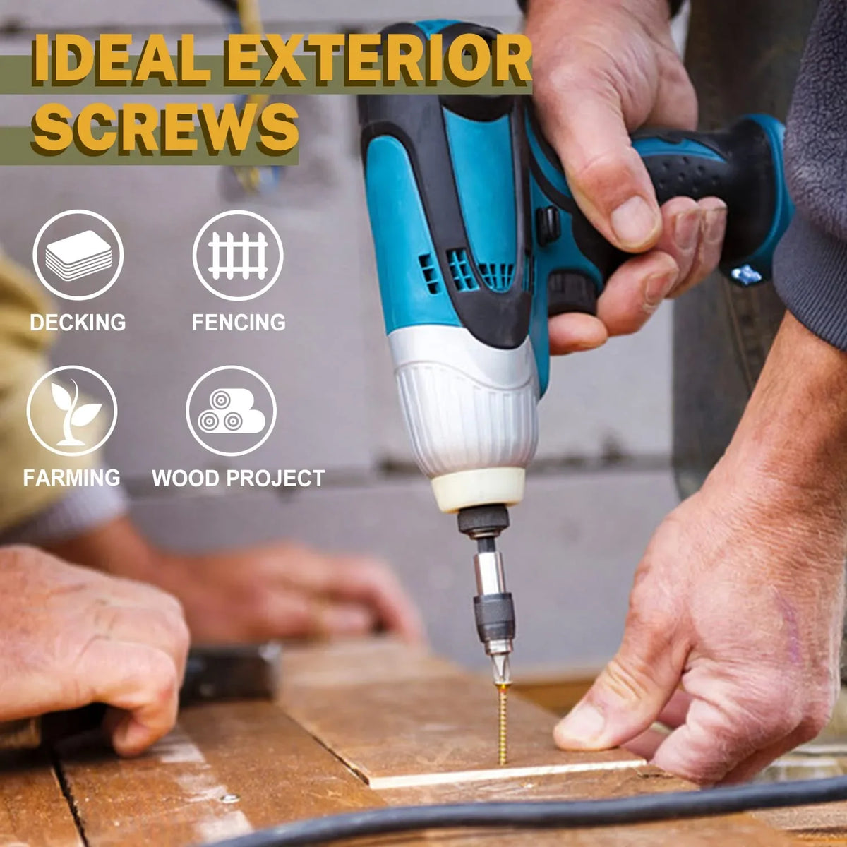 A hand is using a cordless drill to drive rust-resistant deck and fence screws into wood.