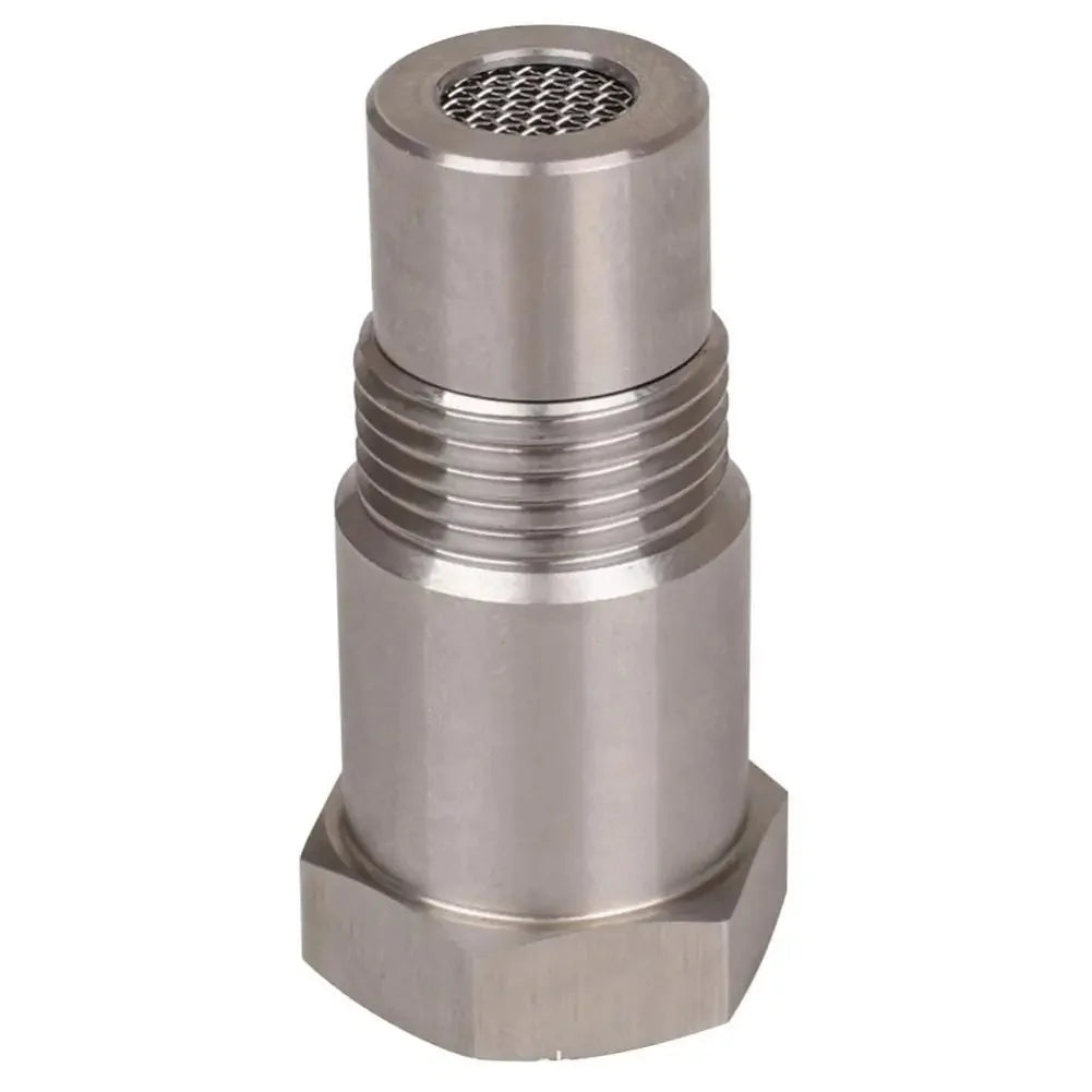 Mini stainless steel oxygen sensor with a threaded body and a perforated top.