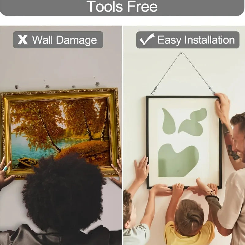 A person is installing a framed piece of art using adjustable metal buckle ropes for easy installation.