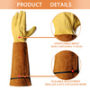 Gants de jardinage jaune moutarde avec poignets marron, montrant les détails du poignet extensible et des poignets ajustables