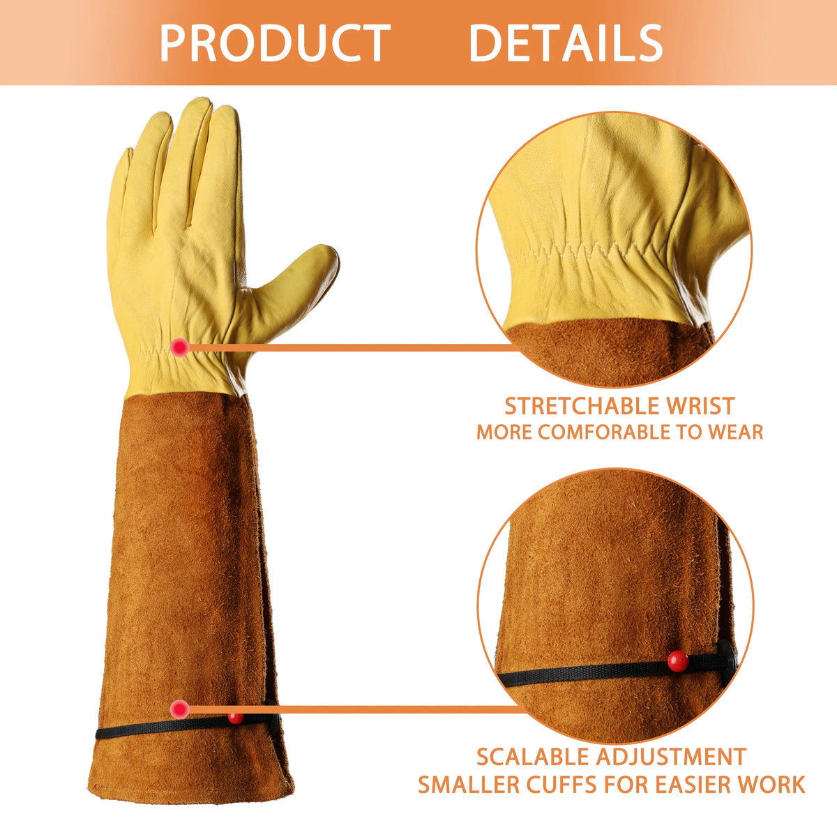 Gants de jardinage jaune moutarde avec poignets marron, montrant les détails du poignet extensible et des poignets ajustables