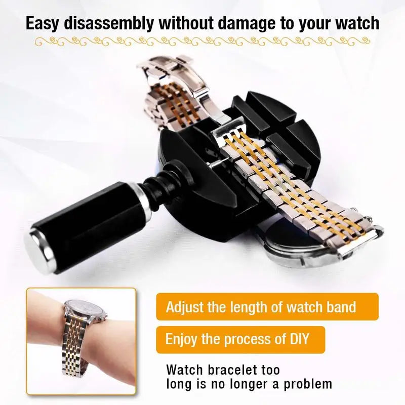 A black watch link removal tool kit is shown with a watch band for easy DIY adjustment.