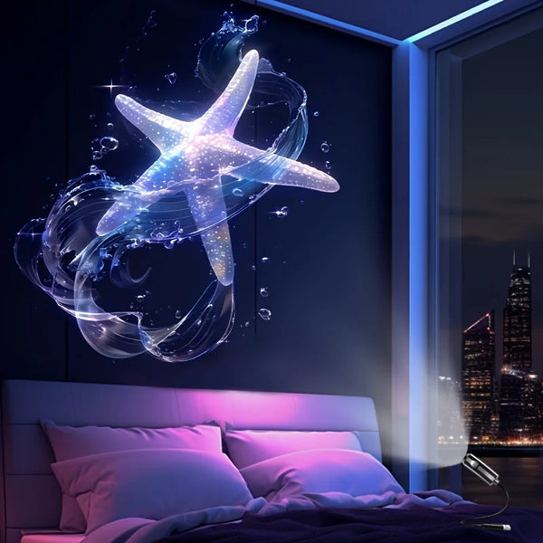 A glowing starfish projection illuminates a bedroom wall with blue and purple light.