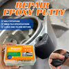 A hand holds a container of Repair Epoxy Putty used for fixing cracks and leaks.