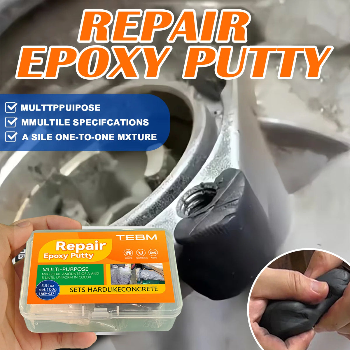 A hand holds a container of Repair Epoxy Putty used for fixing cracks and leaks.