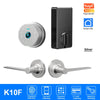 Silver smart deadbolt door lock with a round sensor and a lever handle for fingerprint and card unlocking