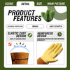 Diagram showing product features like elastic cuff design and reinforced design for gardening gloves.