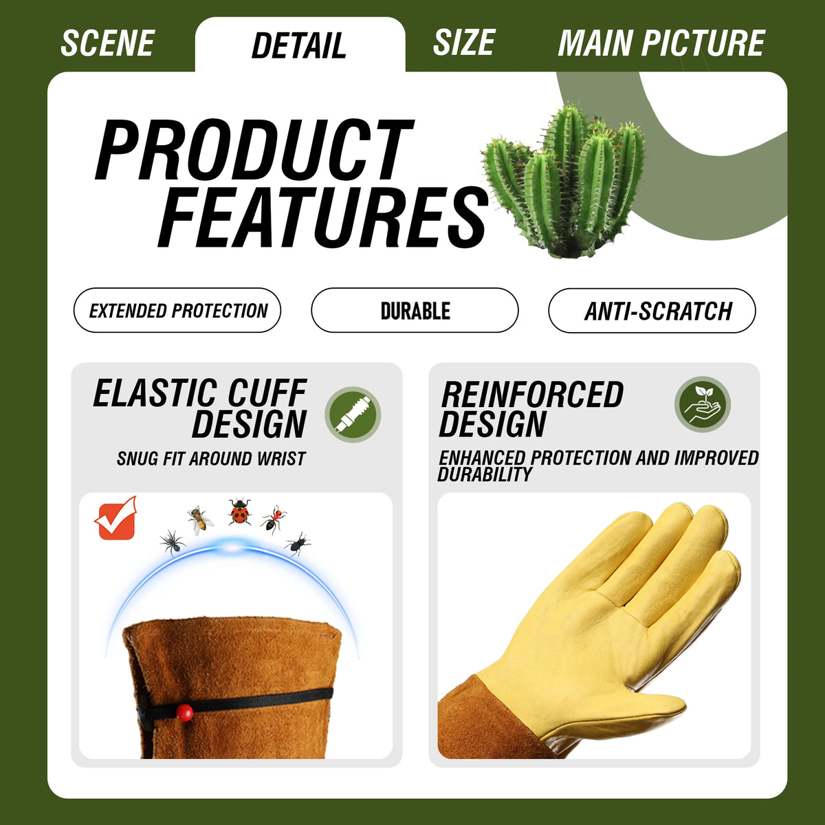 Diagram showing product features like elastic cuff design and reinforced design for gardening gloves.