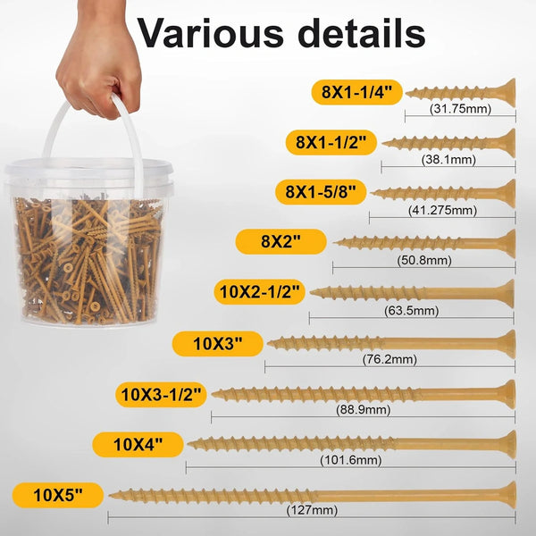 A hand holds a clear plastic container filled with various sizes of rust-resistant deck and fence screws.