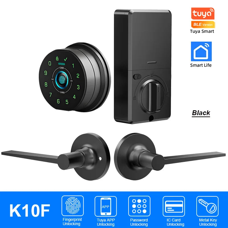Black Tuya Smart deadbolt door lock with fingerprint, password, and IC card unlocking features.