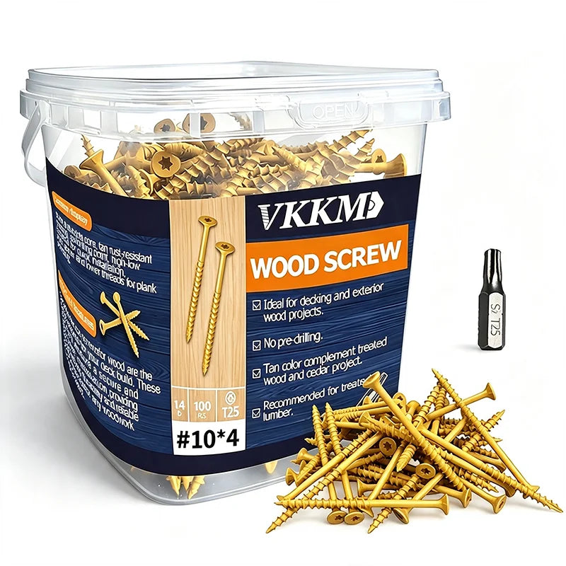 A clear plastic container filled with wood screws and a pile of similar screws.