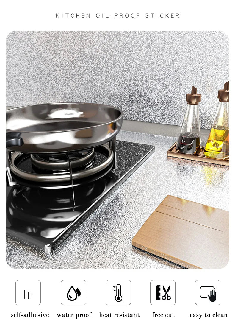 Kitchen oil-proof sticker featuring a nonstick pan and glass bottles on a silver surface.