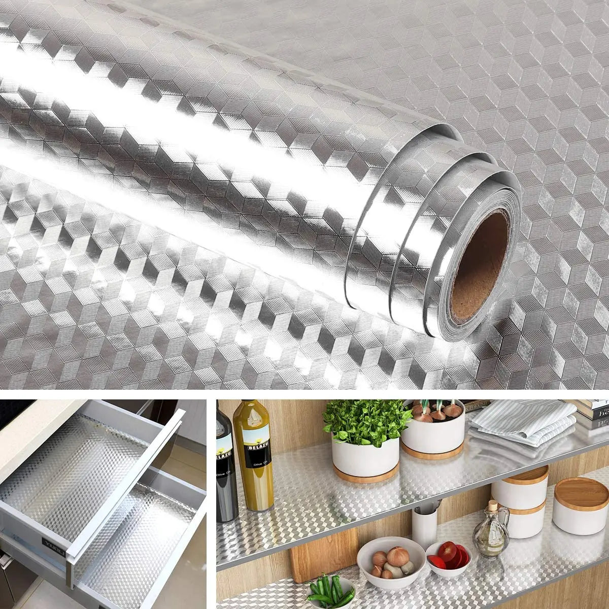 Roll of self-adhesive aluminum foil wall decals shown next to a metal storage rack.