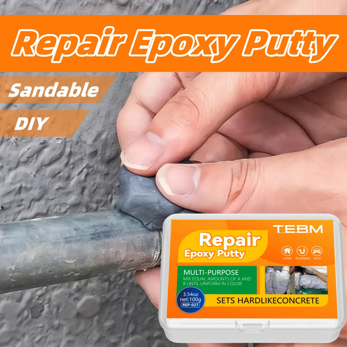A hand is applying epoxy putty to repair a crack in a pipe, demonstrating the DIY repair process.