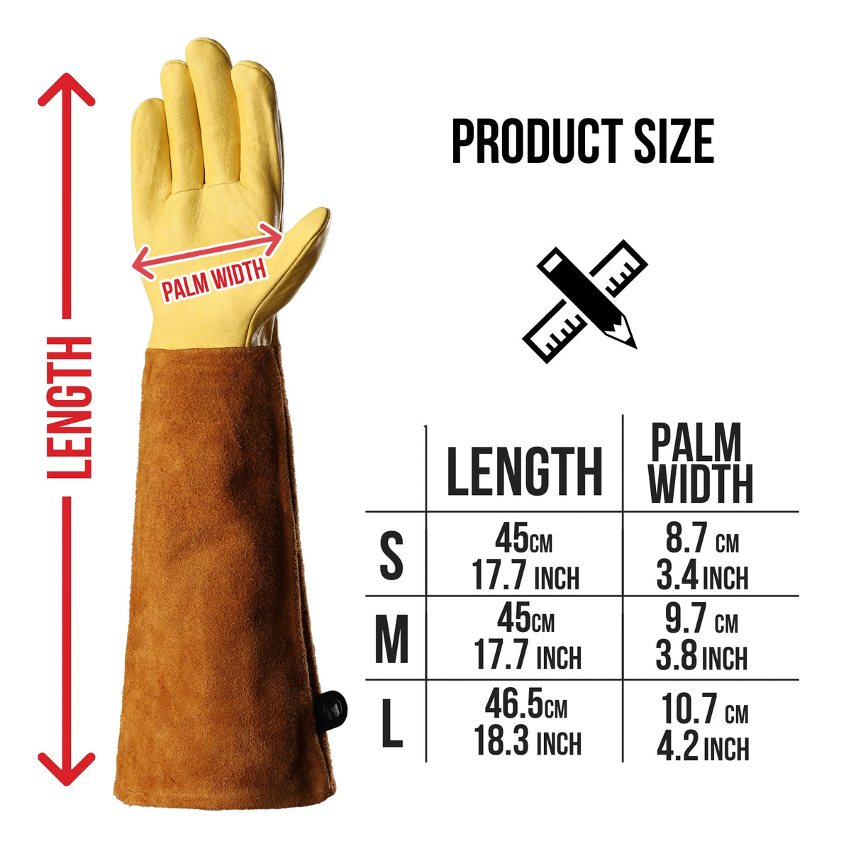 Un ensemble de gants de jardinage marron avec mesures et une règle pour l'échelle.