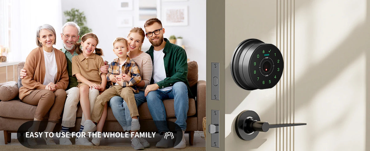 A family stands next to a smart deadbolt door lock and a traditional door lock on a wall.