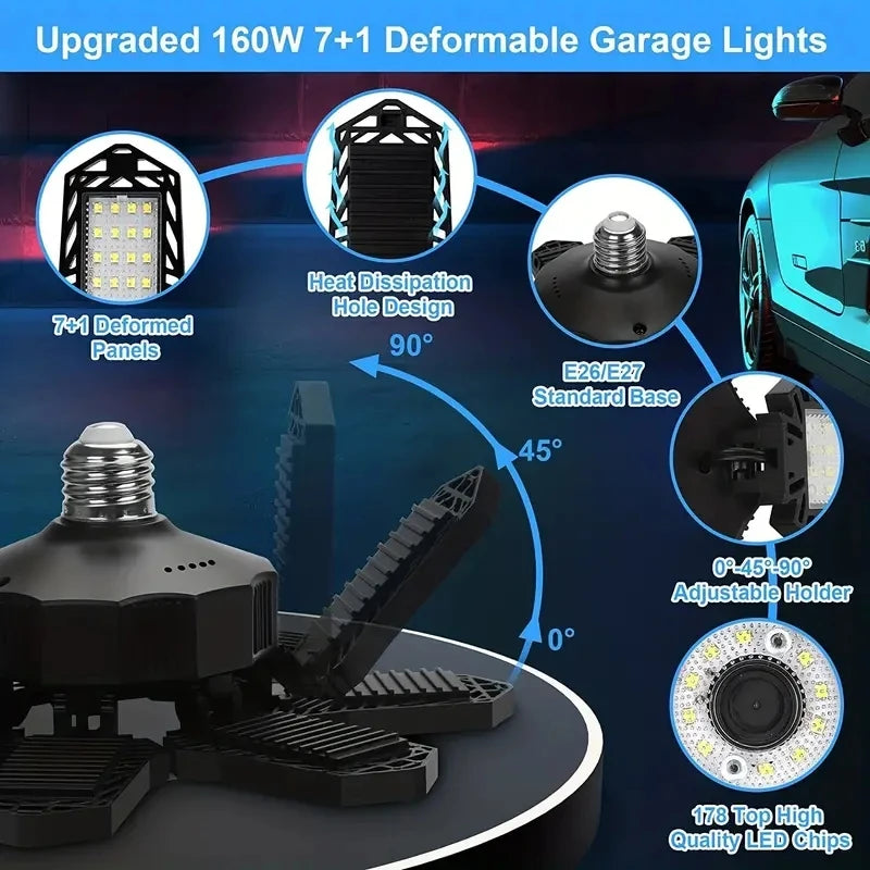 A set of 7+1 deformed LED garage lights with a standard base and adjustable holder shown on a black surface.