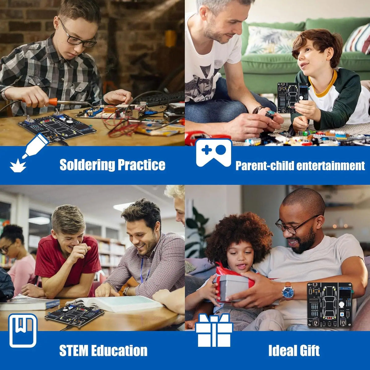 A collage showing various activities including soldering practice, parent-child entertainment, STEM education projects, and a