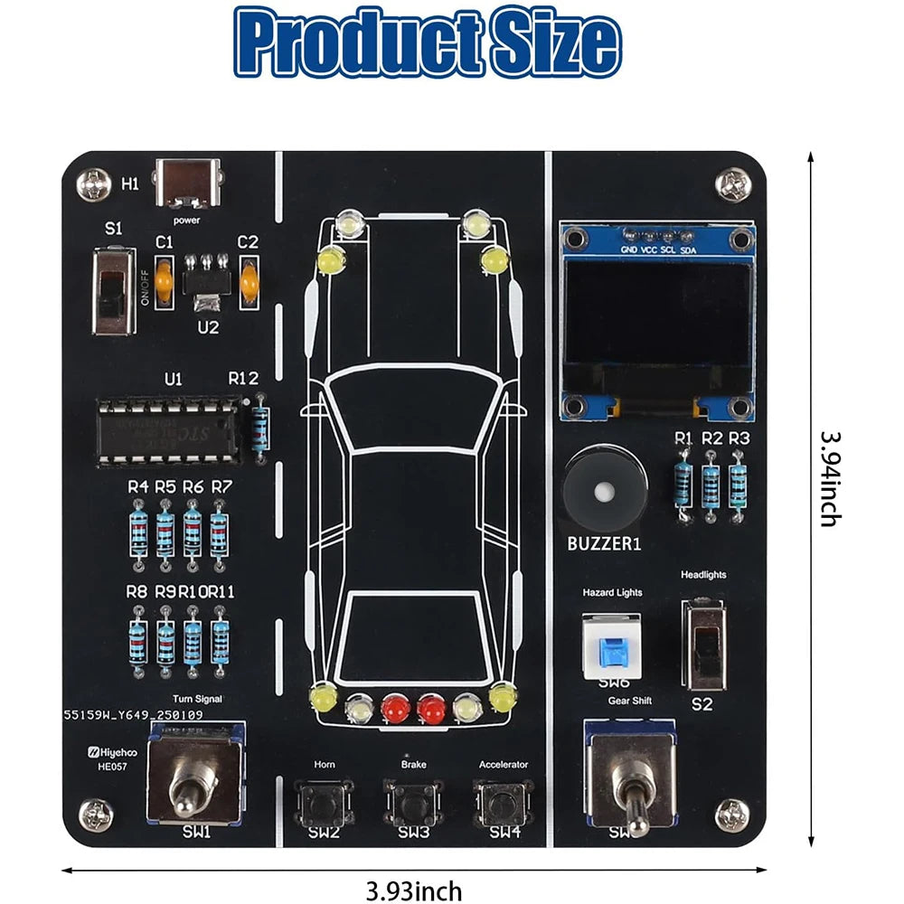 A black electronic kit for a car driving simulation featuring various components like relays, lights, and switches.
