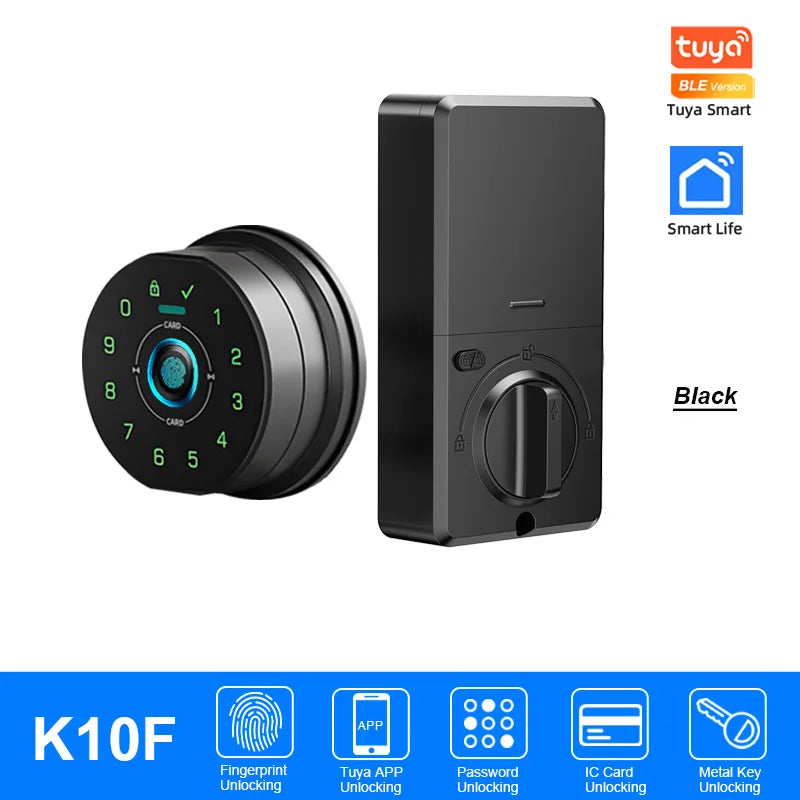 Black Tuya Smart door lock with fingerprint, password, and IC card unlocking features.