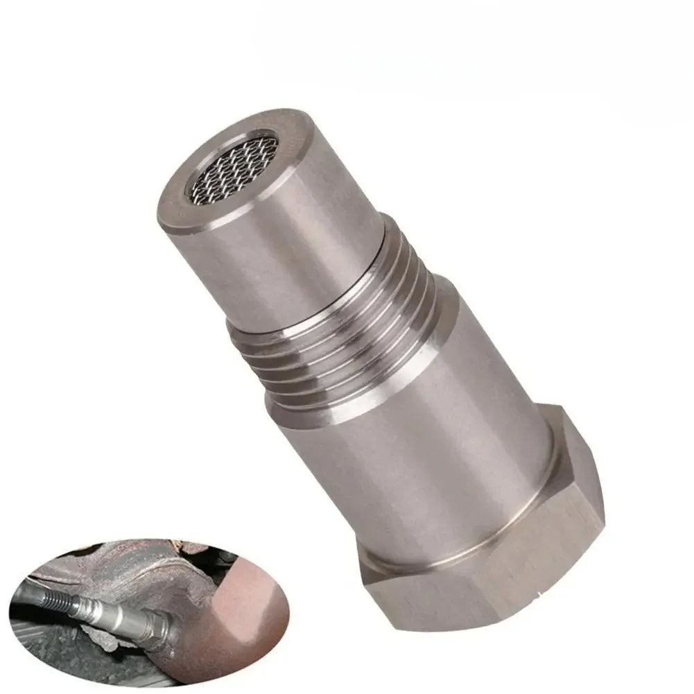 A close-up view of a mini stainless steel oxygen sensor component.