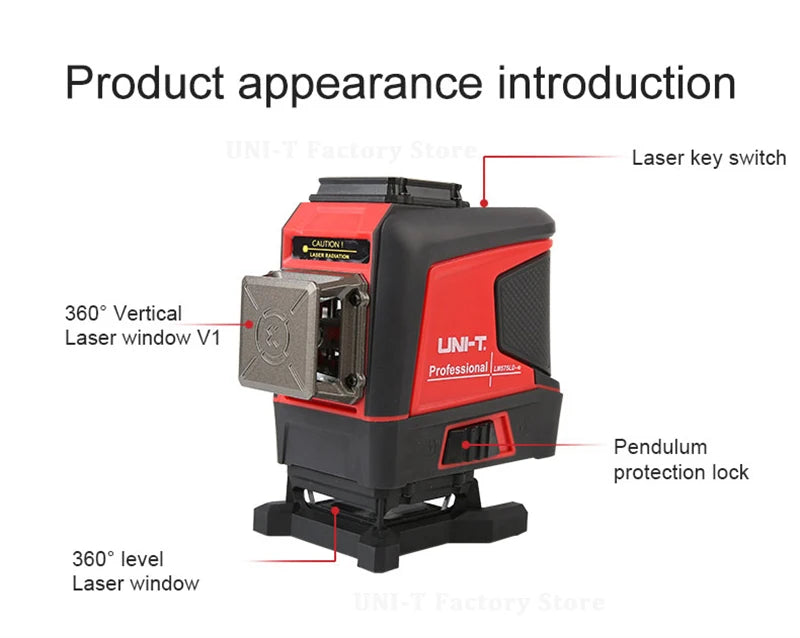 A red and black professional laser level tool with a lens and pendulum protection lock.
