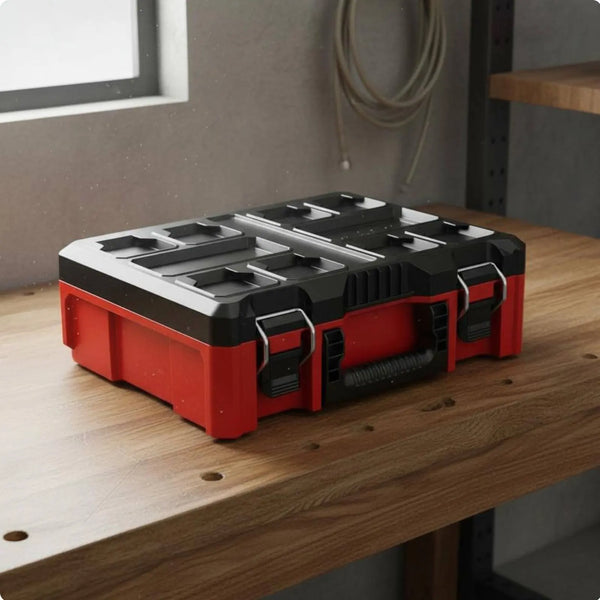Caja modular de herramientas resistente roja y negra sobre una superficie de madera.