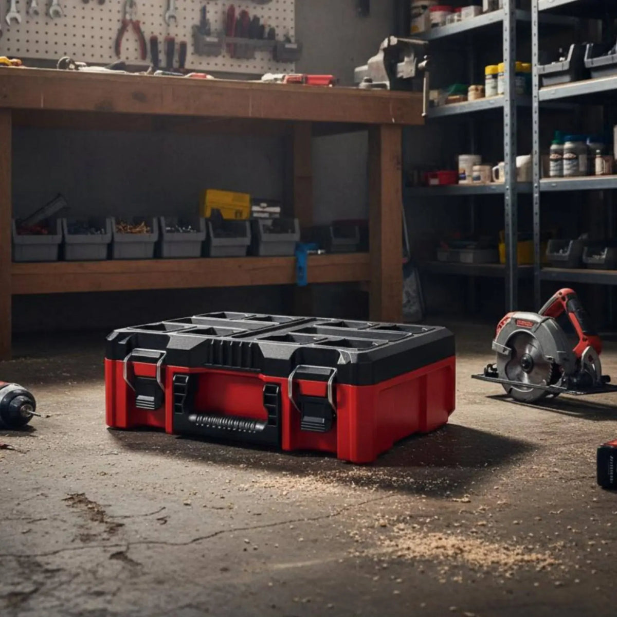 A red heavy duty modular tool storage case lying on a concrete floor in a workshop setting.